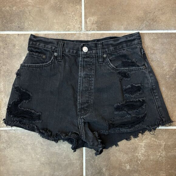 Abercrombie Fitch Pockets Button Fly Distressed Cheeky Denim Shorts Sz 27/2 - Picture 1 of 6